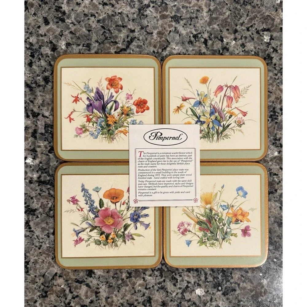 Vintage MINT Pimpernel Coasters Set of 4 Wooden Cork North American Wild Flowers